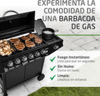 Barbacoa de gas Fireplus 6+1 de 12,9 kW - Acero inoxidable Negro - Parrilla con ruedas Modelo GRILL-6F - Barbacoa XXL con carro y termómetro - 138x52x103 cm - 7 quemadores y Bandeja lateral
