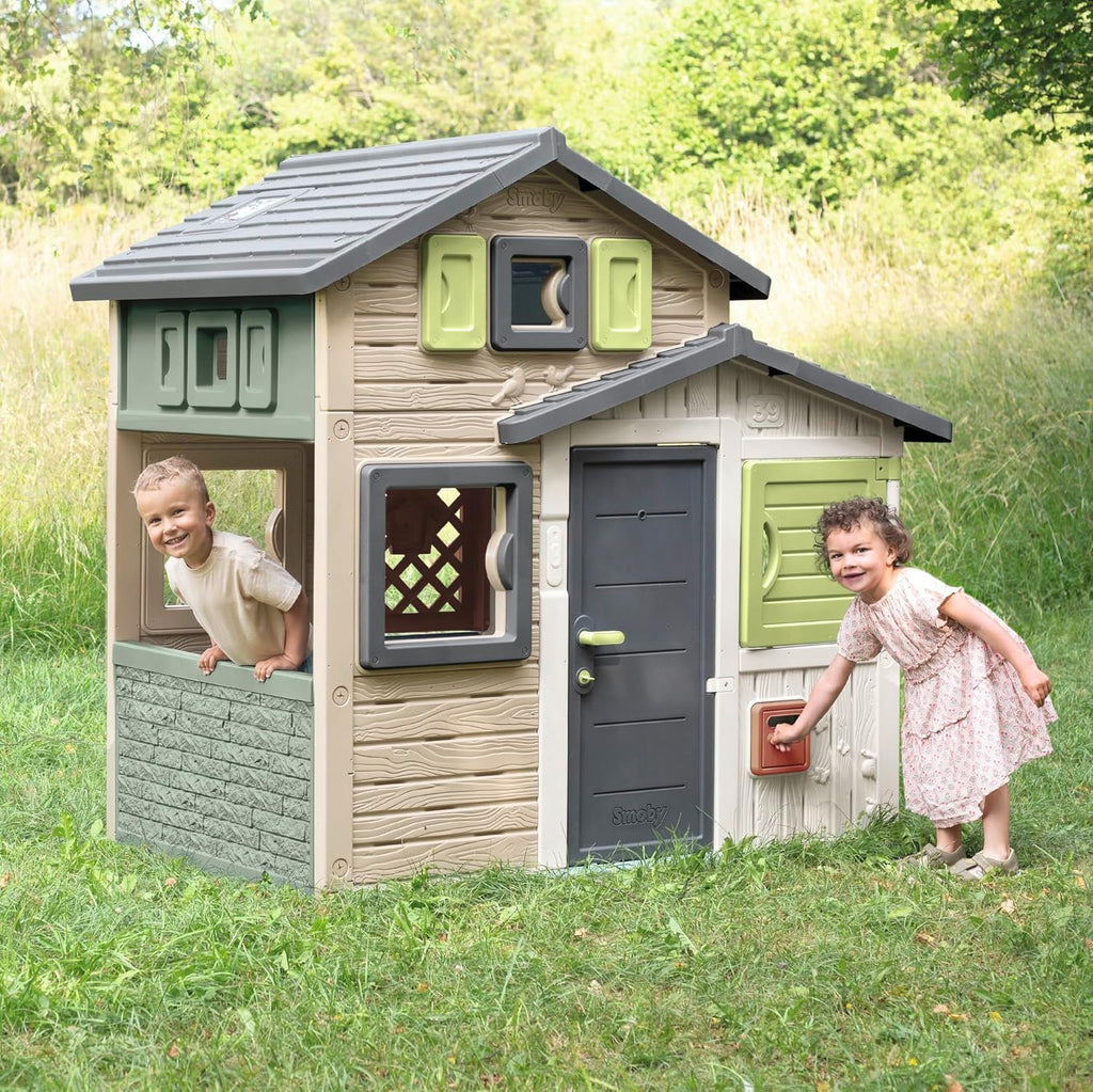 Smoby Life - Casa de Juegos Friends House EVO con 2 Puertas, 6 Ventanas y Mesa de Picnic Extraíble – Fabricada en Material Reciclado, Protección UV, para Niños a Partir de 3 Años (7600810208)