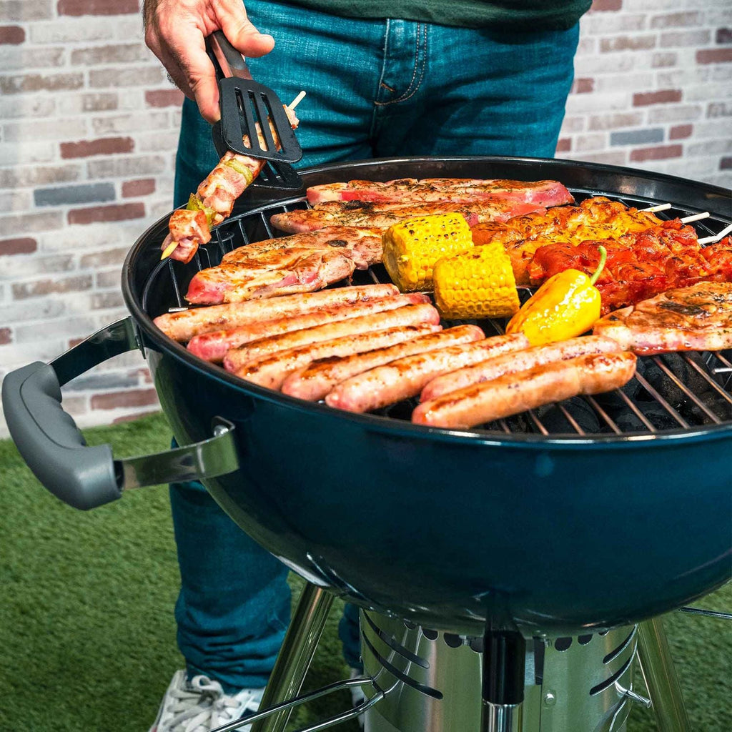 Barbacoa De Carbón Portátil Con Ruedas Kekai Yellowstone 58x47x100 Cm Redonda Con Tapa Y Encendedor Esmaltado En Azul