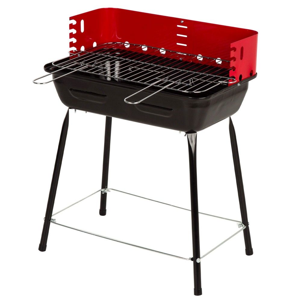 Barbacoa Portátil Carbón Con Cortavientos Y Parrilla Regulable En Altura 42x42x54 Cm - Acero. Negro Y Rojo