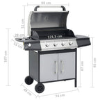 Barbacoa Grill De Gas 4+1 Quemadores Negra Y Plateada Vidaxl