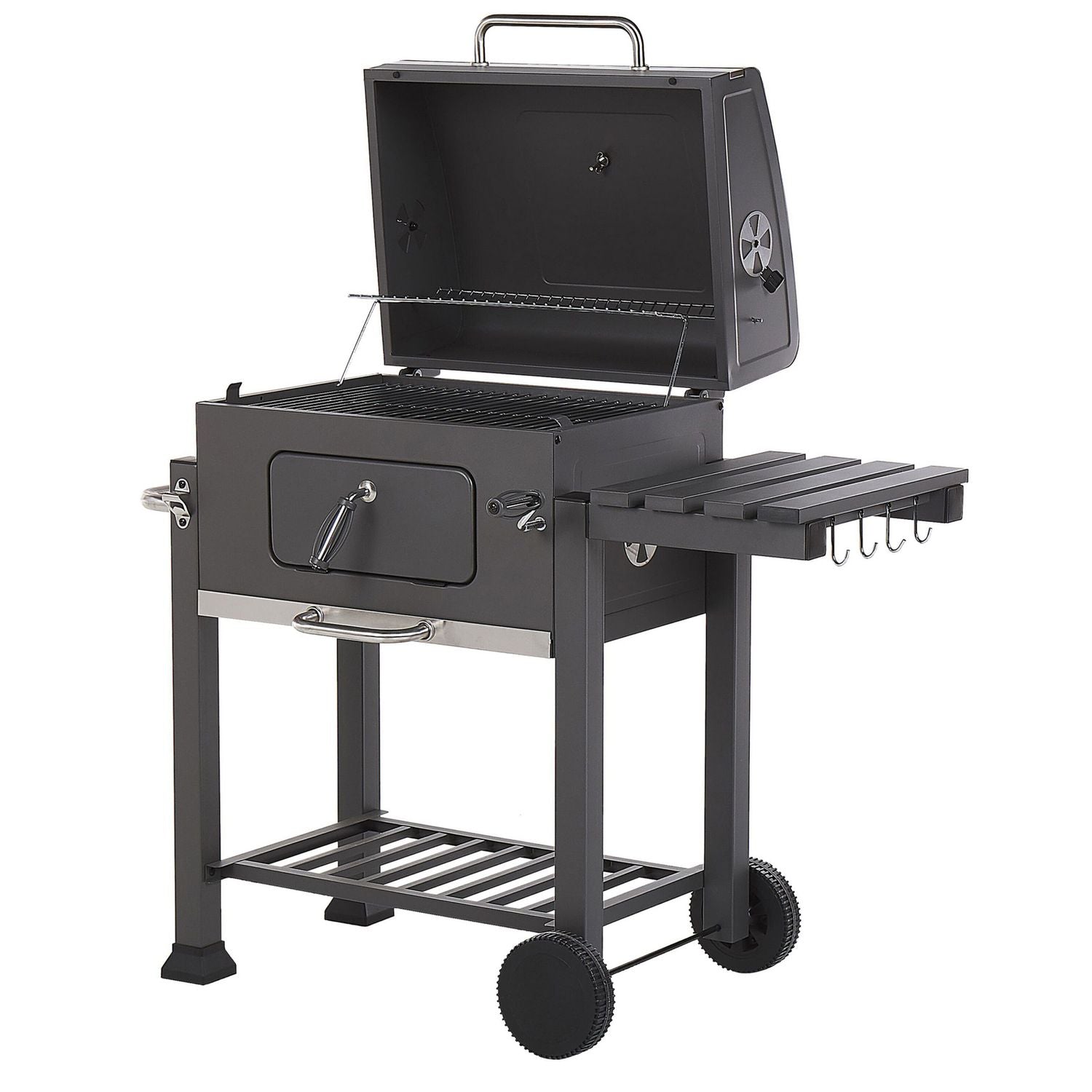 Barbacoa De Carbón Parrilla De Acero Gris Con Tapa Rejilla Ruedas 2 Estantes Termómetro Cenicero Extraíble Jardín Pavlof - Gris