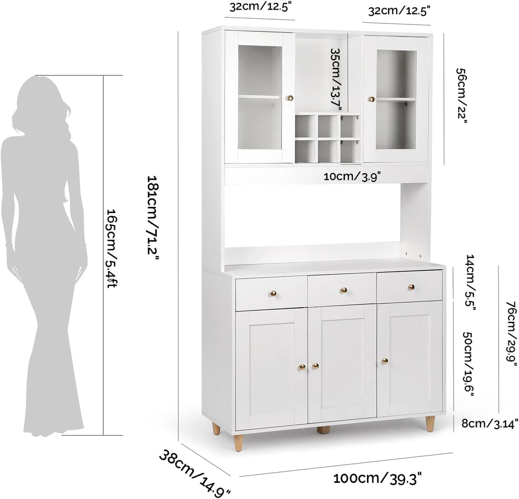 VOWNER Armario Aparador Cocina/Buffet, 100L x 38W x 181H cm, Mueble Auxiliar de Almacenaje, 5 Puertas y 5 Baldas Ajustables, Blanco