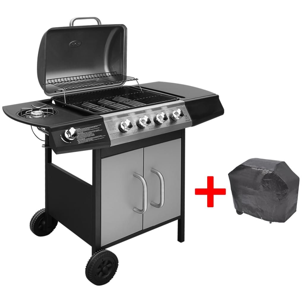 Barbacoa Grill De Gas 4+1 Zonas De Cocinado Negra Y Plateada Vidaxl